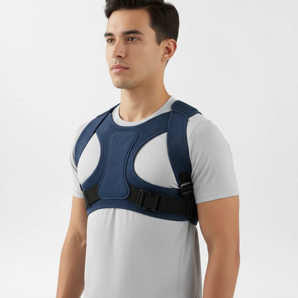 man wearing posture correction harness