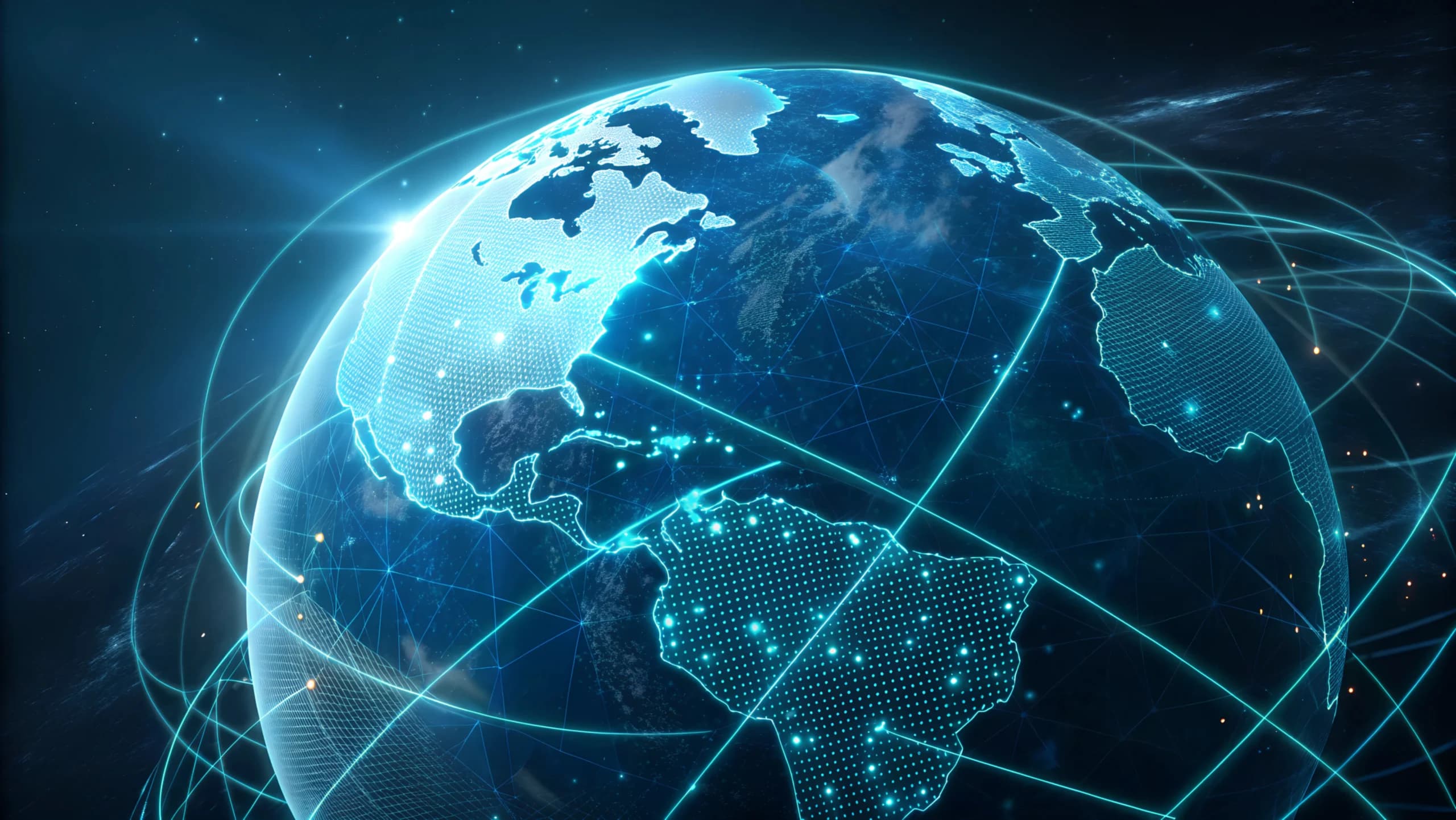 Holographic globe with glowing data grid and world map