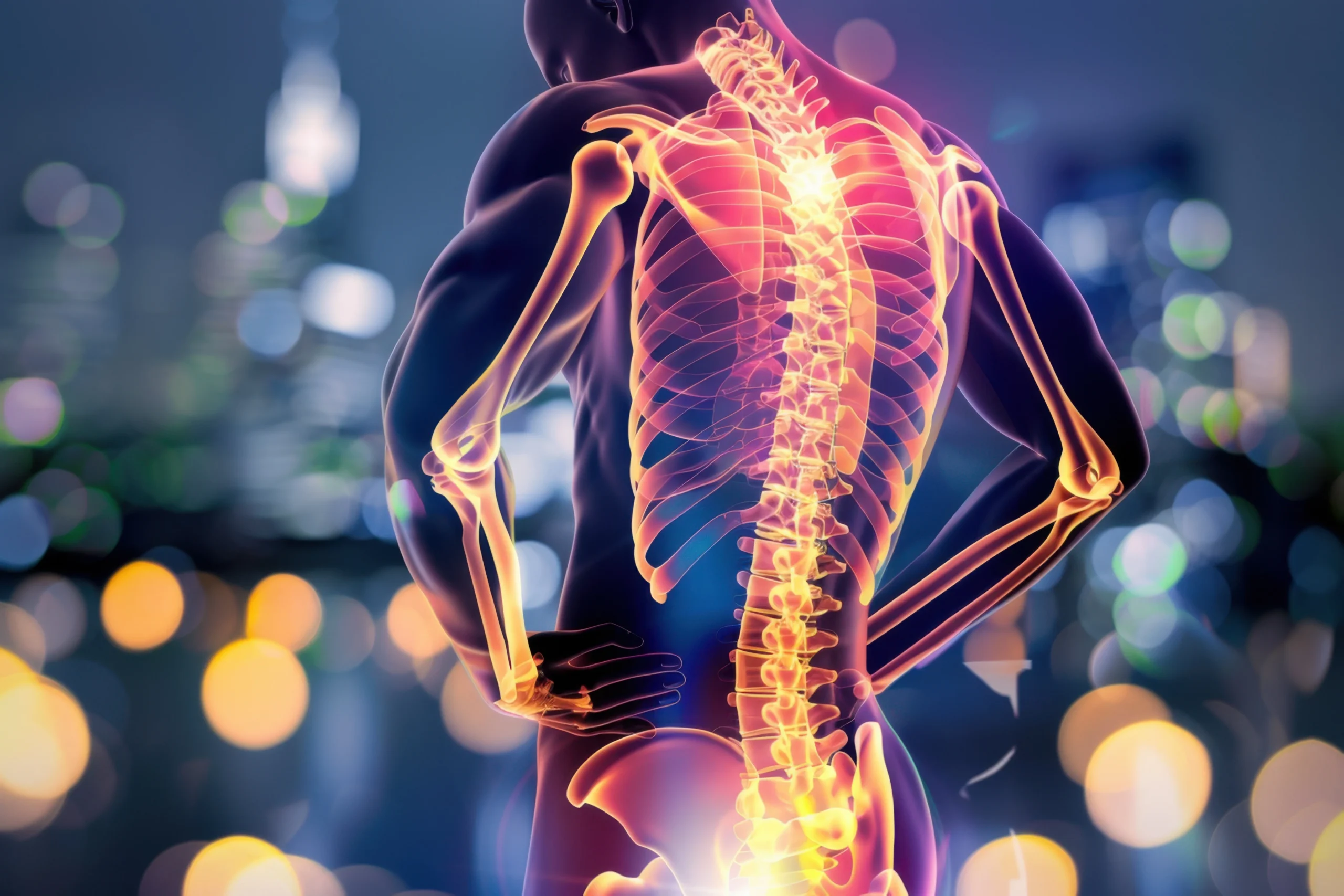 Human spine illuminated at night. Spinal health and back pain concept